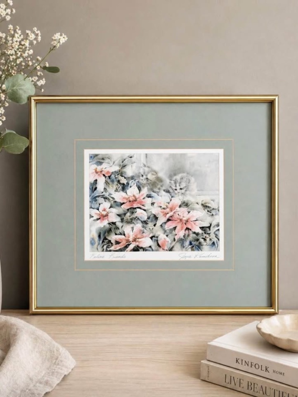 Vintage Joyce Kamikura Framed “Feline Friends” Cat Print